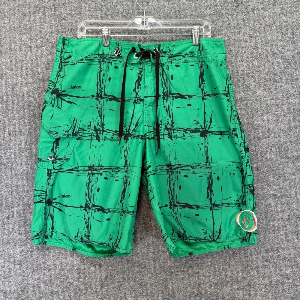 Volcom Board Shorts Mens 36 Green Plaid Mod Splatter Cargo Swim Trunks Y2K Vtg
